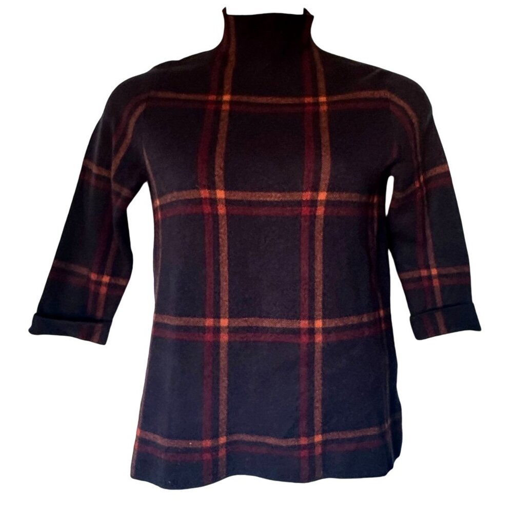 Max Studio Plaid Preppy Mock Neck Boxy Sweater Navy Red Size M
